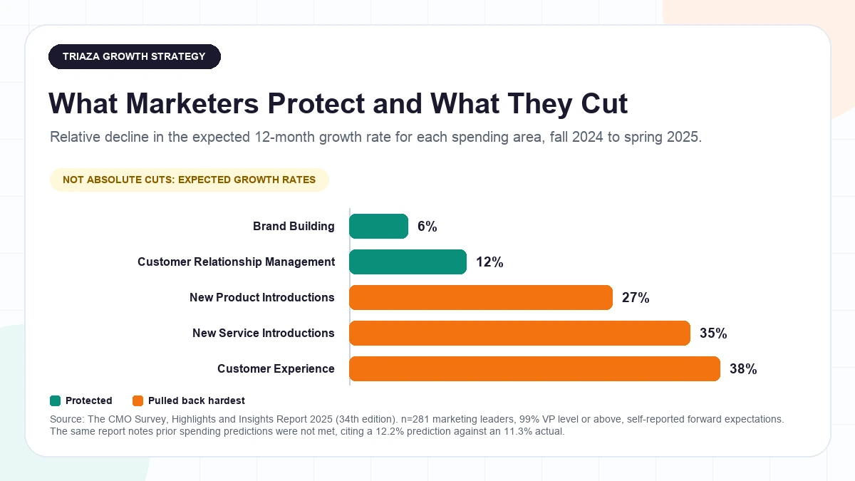 Horizontal bar chart of relative declines in expected twelve-month growth rates by spending area between fall 2024 and spring 2025, showing brand building down 6 percent and customer relationship management down 12 percent at the protected end, and new product introductions down 27 percent, new service introductions down 35 percent, and customer experience down 38 percent at the other