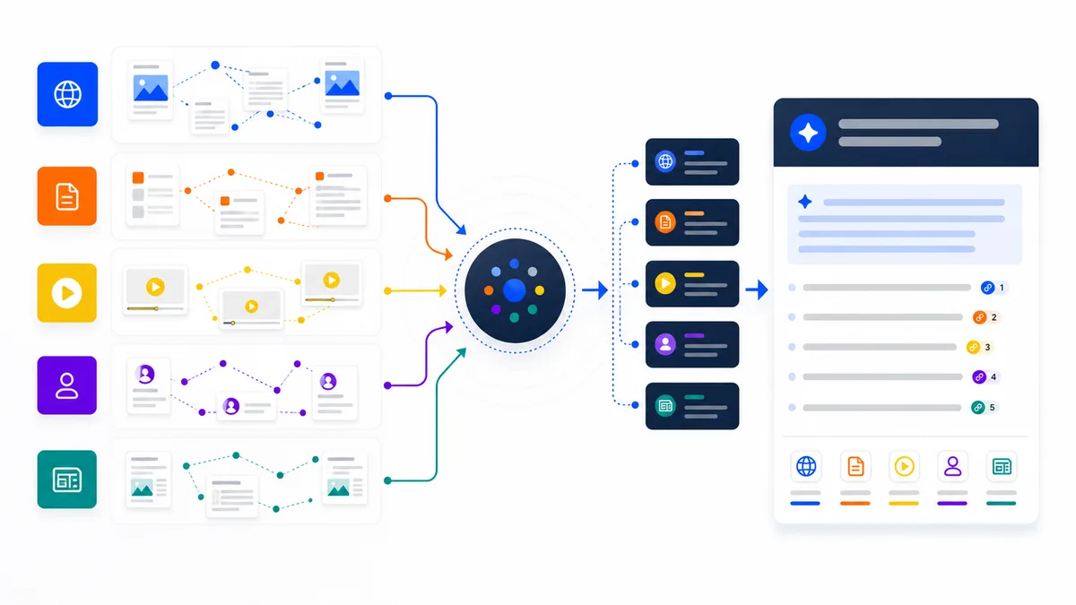 Diagram showing source pages, profiles, videos, and news references feeding into an AI answer with citations