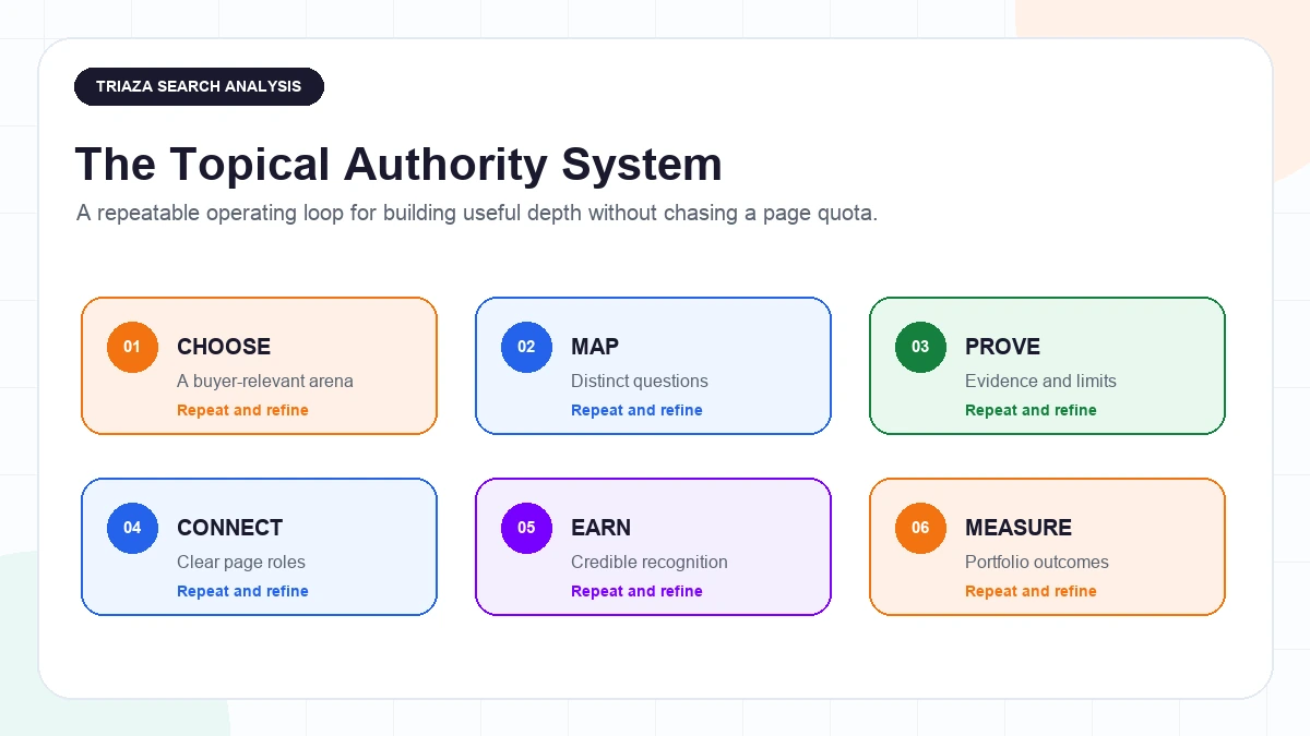 Six-part topical authority system showing choose, map, prove, connect, earn recognition, and measure as a repeating loop