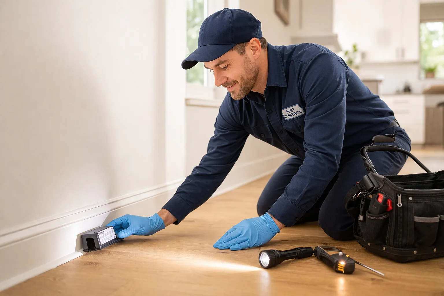 Pest control technician placing a monitoring trap along a residential baseboard