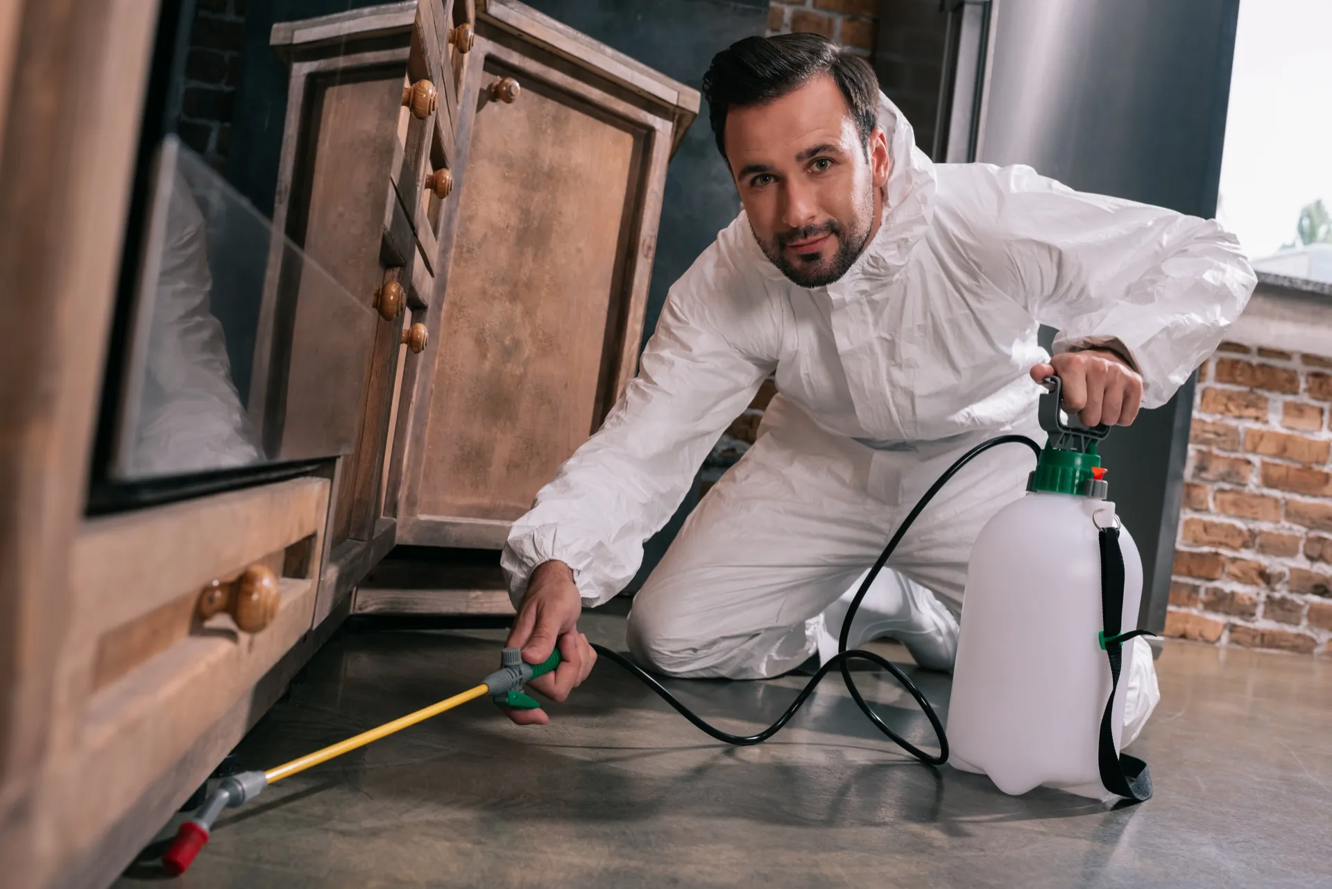 Pest control technician treating under kitchen cabinets in a home